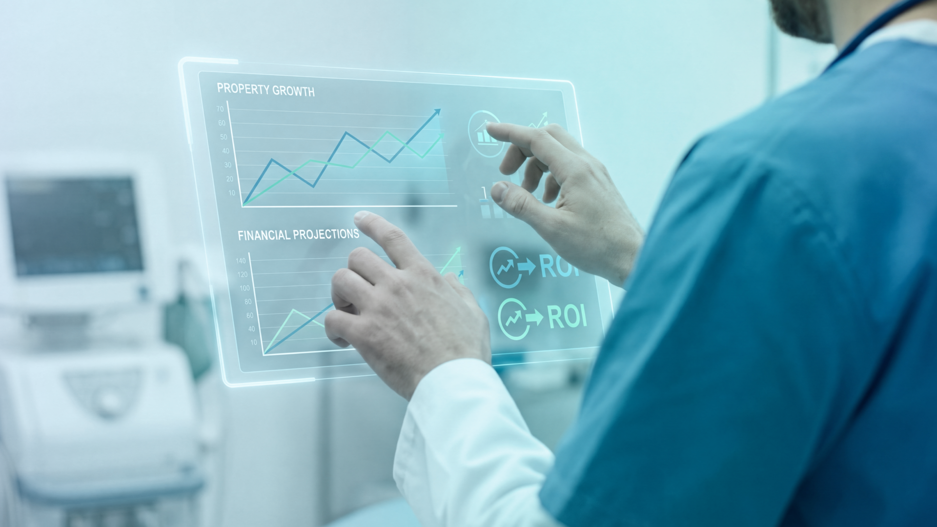 专业人士在数字化界面上审阅绩效数据与分析