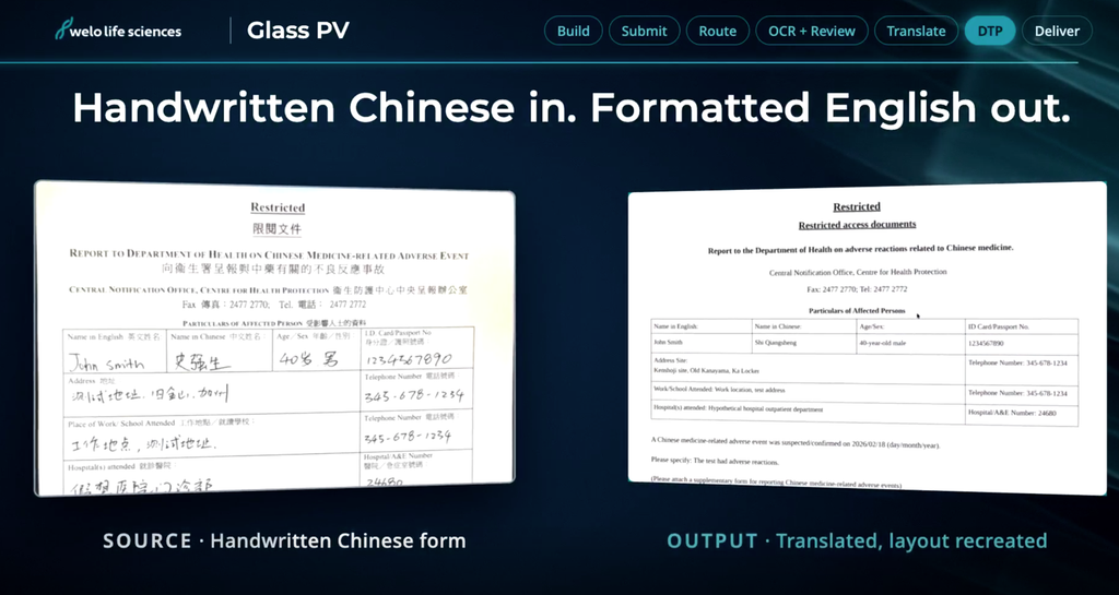 Glass PV translation — handwritten Chinese source document converted to formatted English output